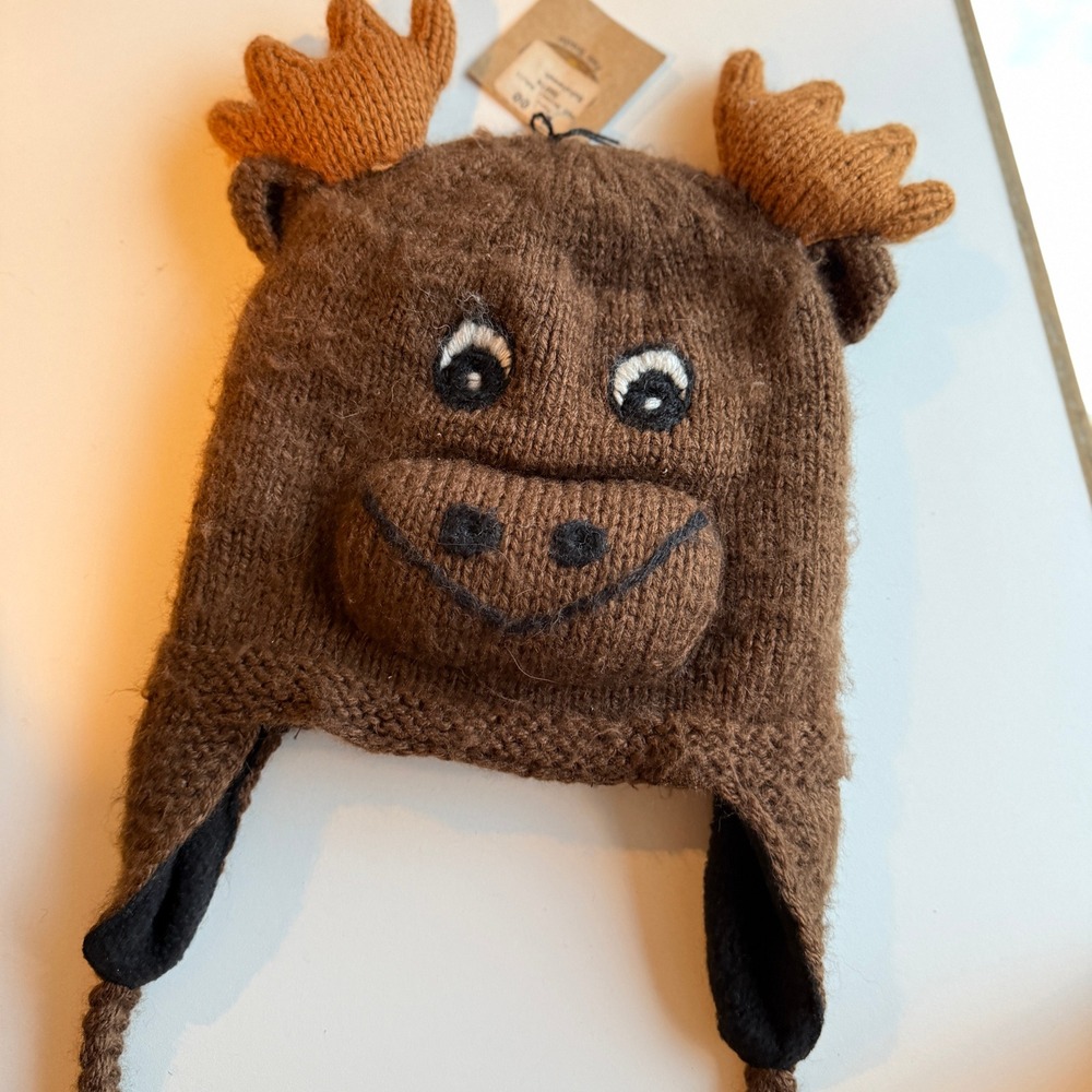 Andes Gifts Kids Alpaca Blend Moose Earflap Hat Brown Fleece Lined Beanie NEW